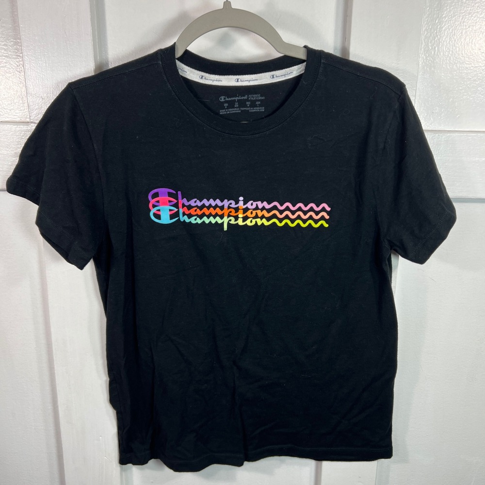 Champion Mens Black Multi Color Stacked Logo Graphic Short Sleeve T-Shirt Size M